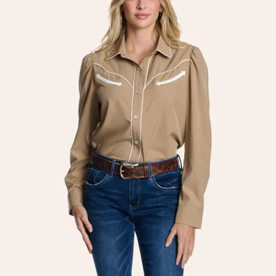 Merigold Kiss Women's Tan Puff Sleeve Western Shirt In Brown