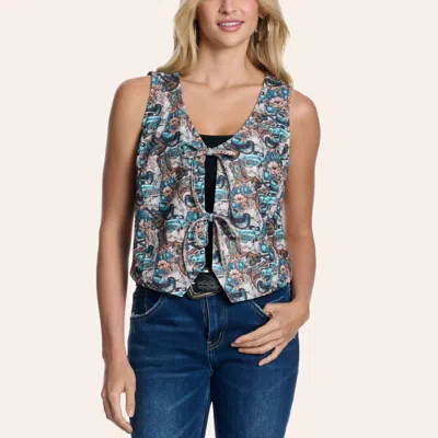 Merigold Kiss Women's Turquoise & Beige Western Print Tie Front Vest In Blue