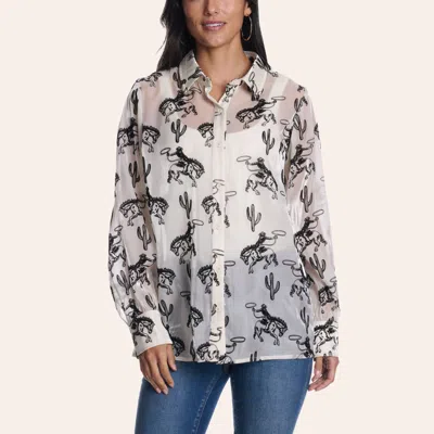 Merigold Kiss Women's White & Black Western Print Long Sleeve Flocked Shirt