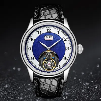 Pre-owned Merkur Men Tourbillon Watch 43mm Luxury Mechanical Wristwatch Gradient Blue Dial