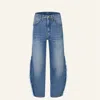 Merlenne Blue Barrel Jeans With Fringes In Blue