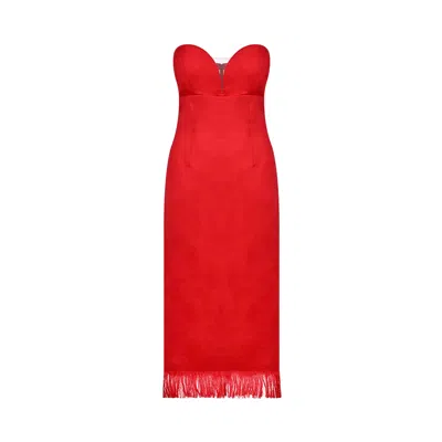 Merlenne Women's Linen Dress With Fringes In Coral Red