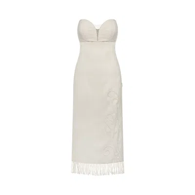 Merlenne Women's Neutrals Beige Linen Dress With Embroidery And Fringes