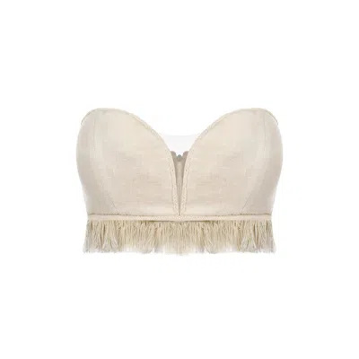 Merlenne Women's Neutrals Bustier With Fringes And Handmade Embroidery In White