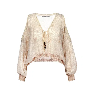 Merlenne Women's Neutrals / White / Pink Boho Silk Blouse With Dusty Rose Monogram