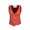 Merlenne Women's Red Cropped Linen Vest With Engraved Gold Buttons In Terracotta