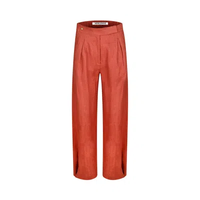 Merlenne Women's Red Linen Pants With Ankle Snap Button In Terracotta