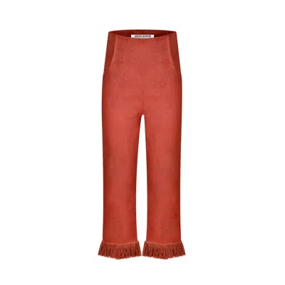 Merlenne Women's Red Terracotta Fringe Linen Trousers