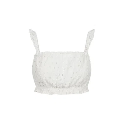 Merlenne Women's Strap Crop Top In White Cotton With  Embroidered Monograms