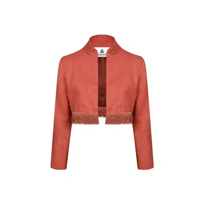 Merlenne Women's Terracotta Linen Jacket With Fringes And Embroidered Monogram