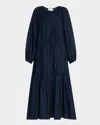 Merlette Allegra Tiered Smocked Cotton Midi Dress In Blue