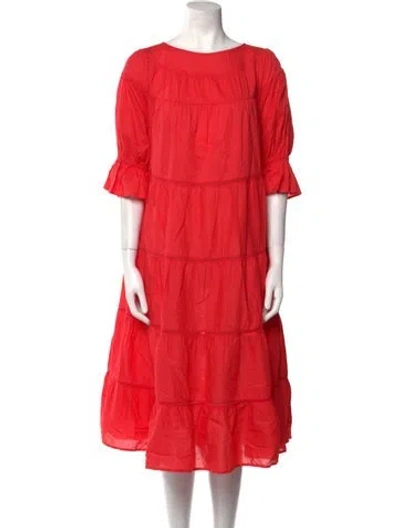 Pre-owned Merlette Bateau Neckline Midi Length Dress In Red
