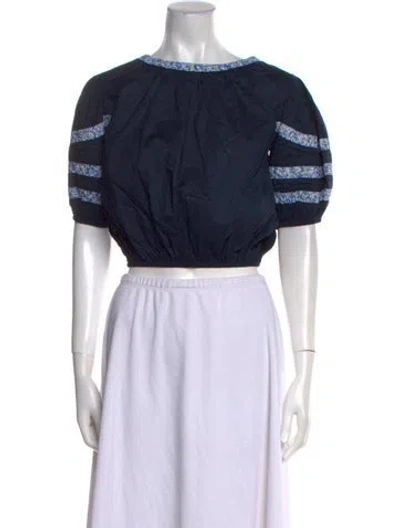 Pre-owned Merlette Bateau Neckline Short Sleeve Crop Top In Blue