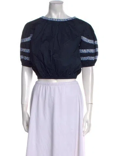 Pre-owned Merlette Bateau Neckline Short Sleeve Crop Top In Blue