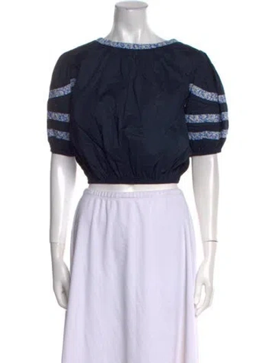 Pre-owned Merlette Bateau Neckline Short Sleeve Crop Top In Blue