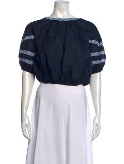 Pre-owned Merlette Bateau Neckline Short Sleeve Crop Top In Blue