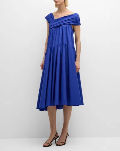 Merlette Crane Asymmetric Cotton Poplin Midi Dress In Lapis