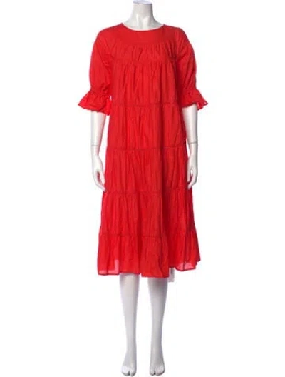 Pre-owned Merlette Crew Neck Midi Length Dress In Red