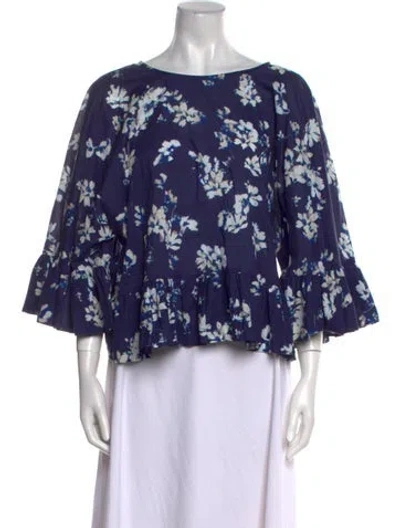 Pre-owned Merlette Floral Print Bateau Neckline Blouse In Blue