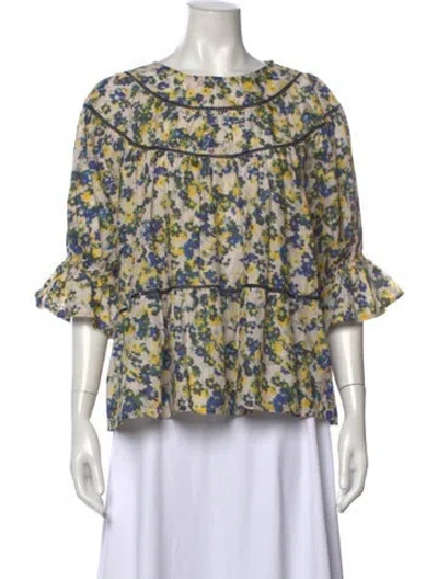 Pre-owned Merlette Floral Print Bateau Neckline Blouse In Neutrals