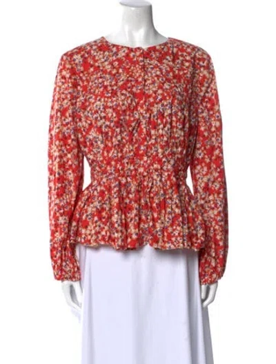 Pre-owned Merlette Floral Print Bateau Neckline Blouse In Red