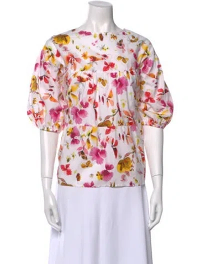 Pre-owned Merlette Floral Print Bateau Neckline Blouse In White