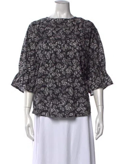Pre-owned Merlette Floral Print Crew Neck Blouse In Black
