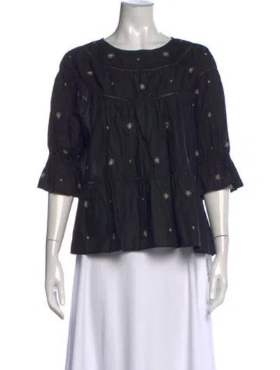 Pre-owned Merlette Floral Print Crew Neck Blouse In Black