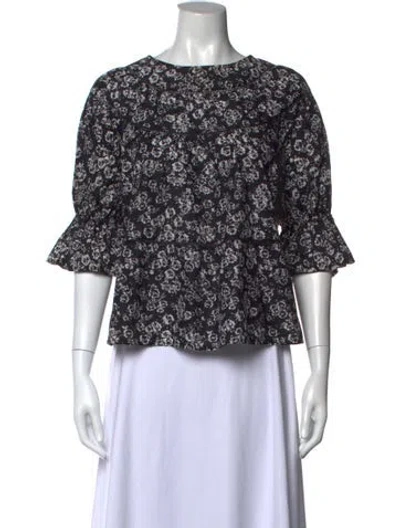 Pre-owned Merlette Floral Print Crew Neck Blouse In Black