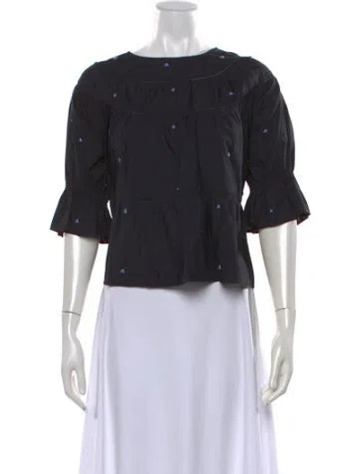Pre-owned Merlette Floral Print Crew Neck Blouse In Black