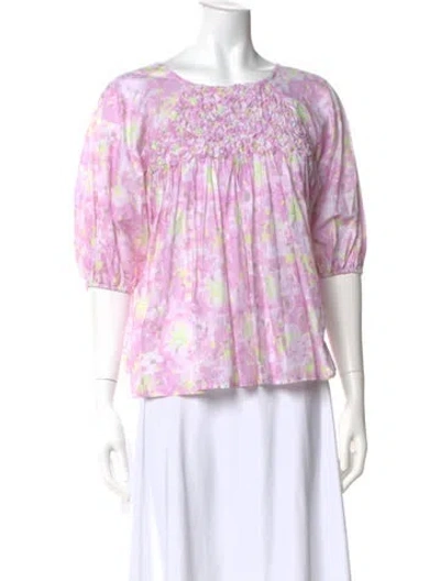 Pre-owned Merlette Floral Print Crew Neck Blouse In Pink