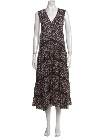 Pre-owned Merlette Floral Print Midi Length Dress In Black
