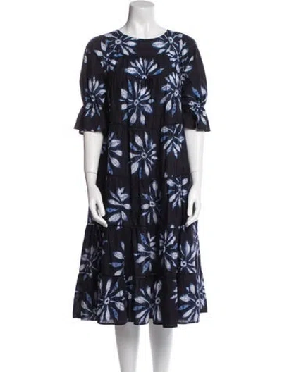 Pre-owned Merlette Floral Print Midi Length Dress In Blue