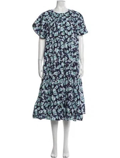 Pre-owned Merlette Floral Print Midi Length Dress In Blue