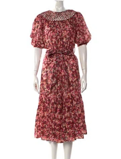 Pre-owned Merlette Floral Print Midi Length Dress In Red
