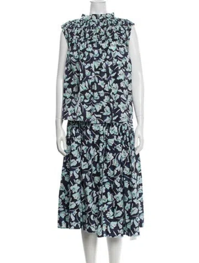 Pre-owned Merlette Floral Print Pleated Accents Skirt Set In Blue