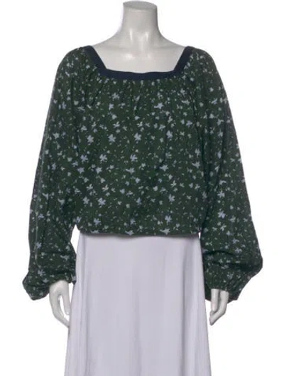 Pre-owned Merlette Floral Print Square Neckline Blouse In Green