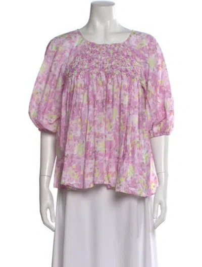 Pre-owned Merlette Floral Print Square Neckline Blouse In Purple