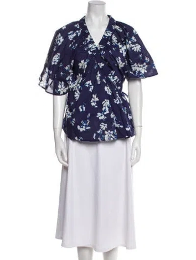 Pre-owned Merlette Floral Print V-neck Blouse In Blue