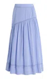 Merlette Lawrence Lace-inset Cotton Chambray Midi Skirt In Light Blue