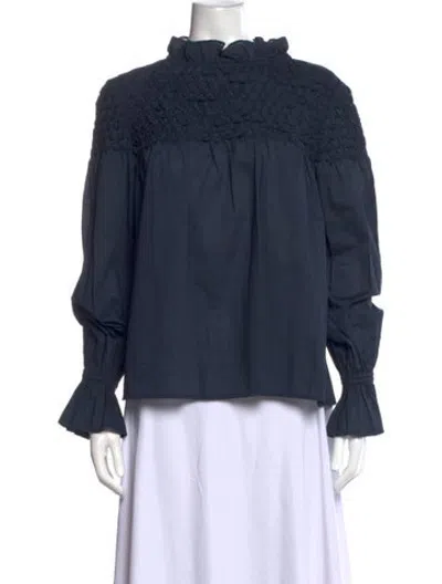 Pre-owned Merlette Mock Neck Long Sleeve Blouse In Blue