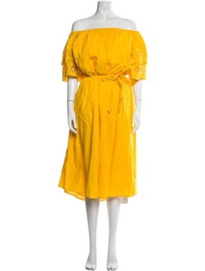 Pre-owned Merlette Off-the-shoulder Midi Length Dress In Yellow
