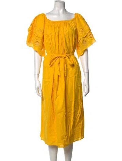 Pre-owned Merlette Off-the-shoulder Midi Length Dress In Yellow