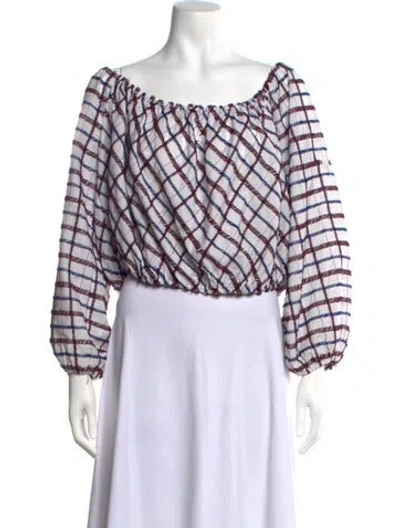 Pre-owned Merlette Plaid Print Off-the-shoulder Blouse In Blue