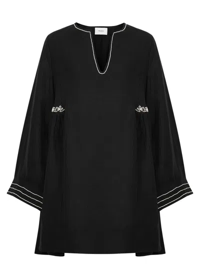 Merlette Riverside Embroidered Linen Mini Dress In Black