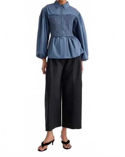 Merlette Sabina Smocked Puff Sleeves Top In Indigo In Black