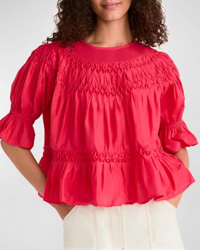 Merlette Smocked Puff-sleeve Pima Cotton Blouse In Pink