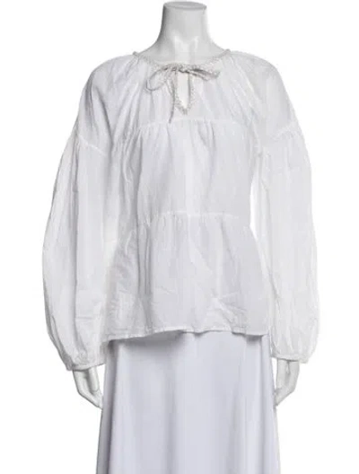 Pre-owned Merlette Tie Neck Long Sleeve Blouse In White