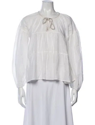 Pre-owned Merlette Tie Neck Long Sleeve Top In White