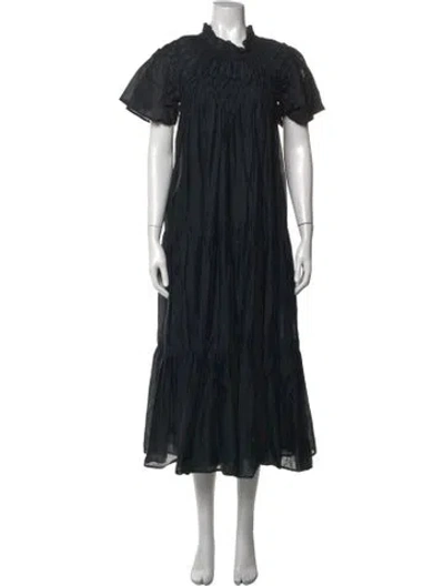Pre-owned Merlette Tie Neck Midi Length Dress In Black